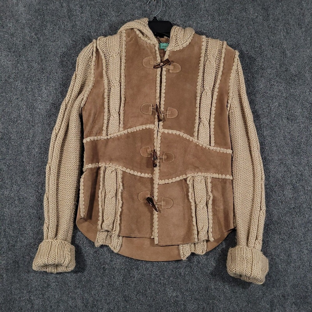 Doma Leather Sweater Jacket‎ Women's Large Brown Cable Knit Hooded Argentina